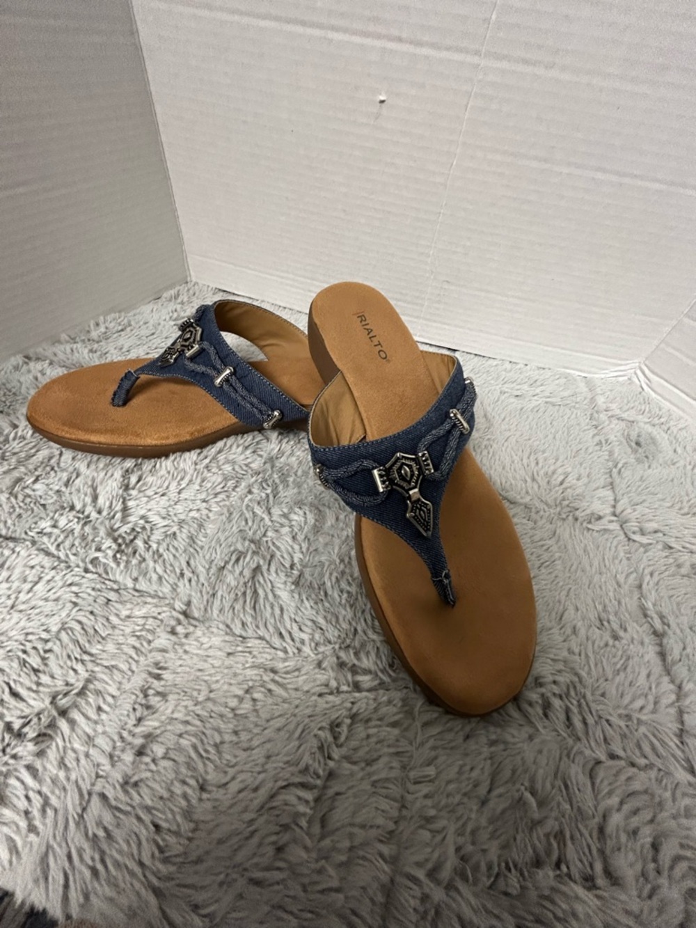 Rialto Denim Blue T-Strap Thong Sandals with Silver Beaded Accents